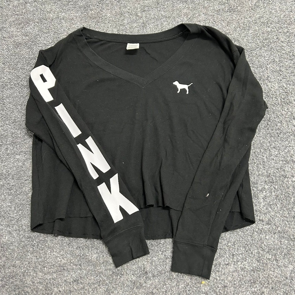 Pink Long Sleeve Womens Size S Black Waffle Knit V-Neck Cropped Graphic Logo Top